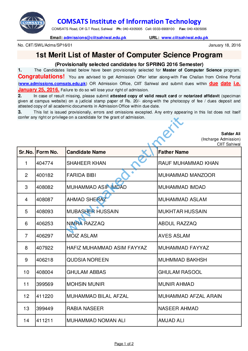 COMSATS Sahiwal - 1st Merit List 2016 (Spring) - Master of Computer Science
